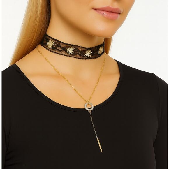 Mia Collection Black Lace & Gold Floral Choker + Diamond Studded Circle Necklace - Picture 1 of 11